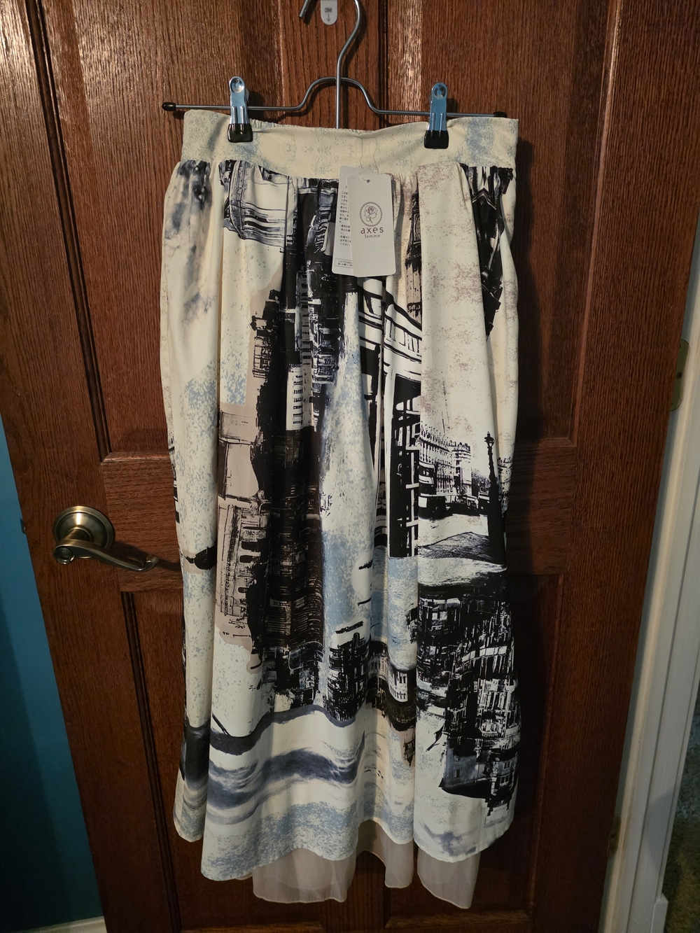 Axes Femme Cream Printed Midi Skirt with Black Cityscape